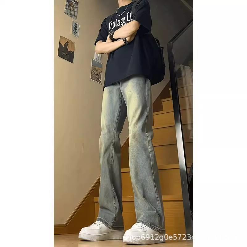 ジーンズ メンズ 男性用 ストレート デニムパンツ ヴィンテージ ウォッシュ加工 ミドルウエスト ポケット付き カジュアル アメカジ ジーパン 長ズボン ボトムス レトロ ブルー系