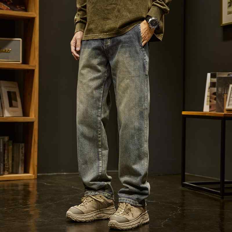 デニム メンズ デニムパンツ ジーンズ ジーパン 男性用 リラックスフィット ストレート ワイドレッグ ゆったり ウォッシュド加工 アメカジ ストリート