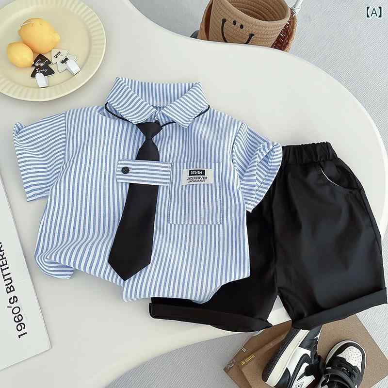 子供用シャツ 男の子 半袖シャツ パンツセット 子供服 フォーマル カジュアル ストライプ柄 薄手 80cm 90cm 100cm 110cm 120cm 130cm コットン