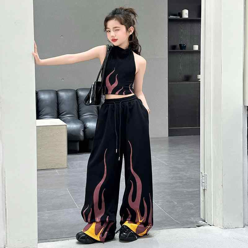 キッズ 女の子 セットアップ 夏物 タンクトップ 長ズボン 上下セット 薄手 接触冷感 プリント 中学生 高学年 普段着 部屋着 ブラック