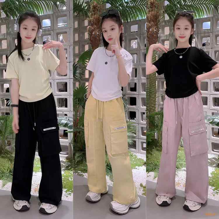 子供服 女の子 ファッション 作業着 セットアップ 半袖Tシャツ ワイドパンツ 2点セット かわいい カジュアル 薄手 春夏 普段使い 部屋着