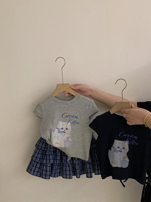 キッズ 女の子 Tシャツ 半袖 スカート セットアップ 猫柄 チェック柄 普段着 かわいい 薄手 春夏