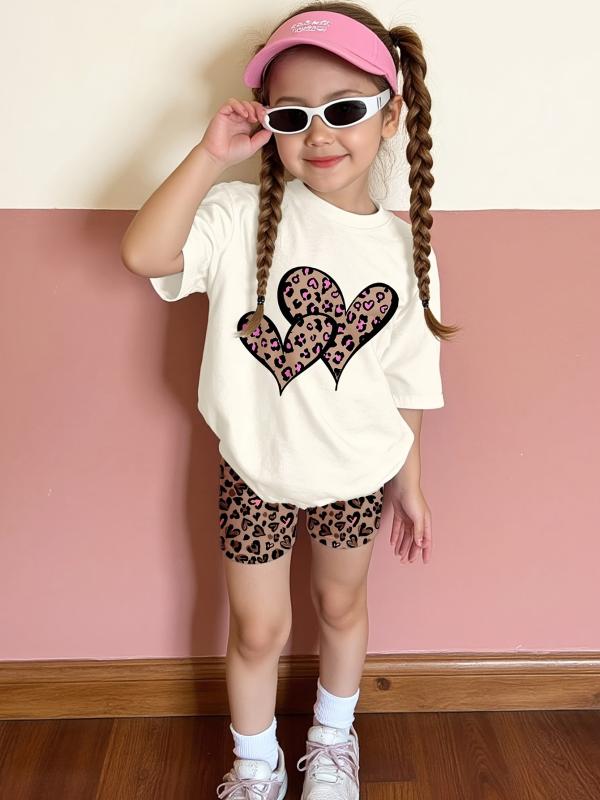 キッズ 女の子用 半袖 短パン 2点セット ヒョウ柄 ハート柄 かわいい 普段使い 部屋着 リゾート 旅行 ポリエステル 上下セット