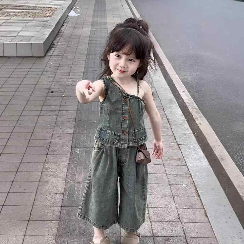 キッズ 女の子 夏物 デニム サロペット ワイドレッグパンツ 2点セット かわいい ガールズ ベビー 子供服 上下セット 薄手