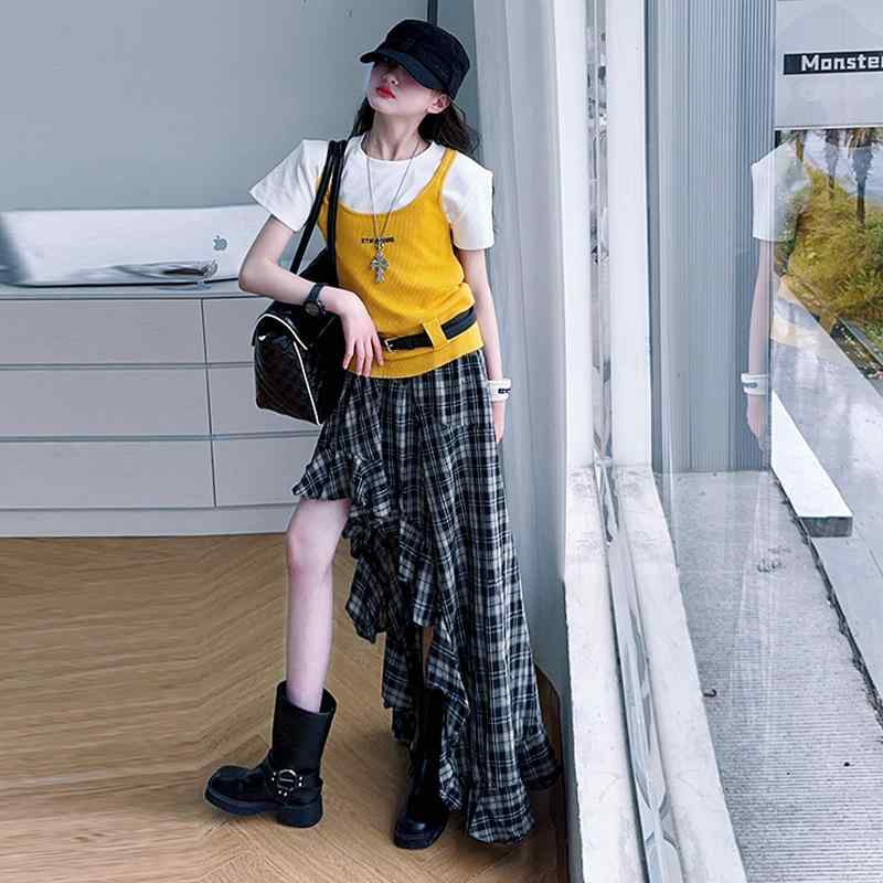 子供服 女の子 夏物 セットアップ 肩パッド付き 半袖 トップス チェック柄 スカート 2点セット かわいい おしゃれ 韓国風 薄手 普段着 120cm 130cm 140cm 150cm 160cm 170cm