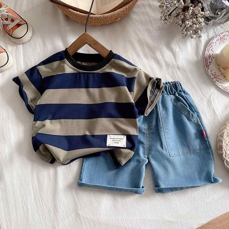 キッズ 男の子 夏物 半袖 Tシャツ デニムハーフパンツ 上下セット ストライプ柄 綿 薄手 普段着 部屋着