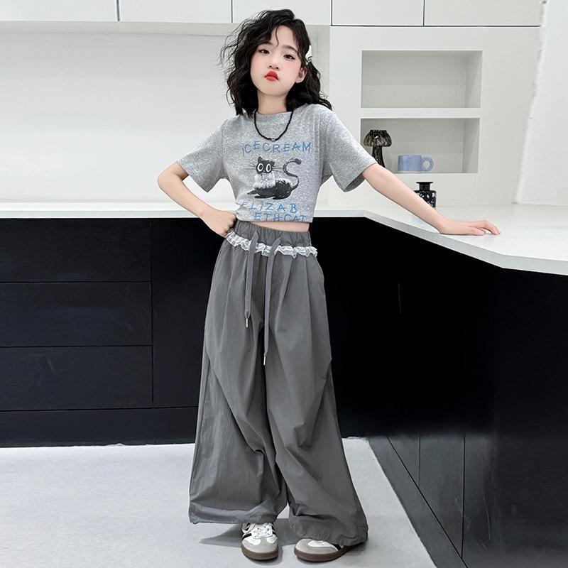 子供服 女の子 半袖 ワイドレッグパンツ セットアップ 夏 カジュアル 2点セット 猫柄 ポリエステル100%