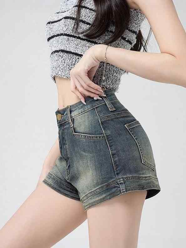 デニム レディース ショートパンツ 高 высоким ウエスト タイト Aライン ホットパンツ ストレッチ ボトムス ジーパン ジーンズ 短パン ズボン カジュアル スタイル