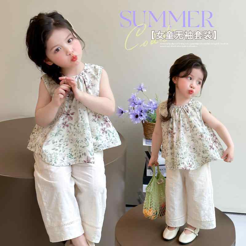 子供服 ノースリーブ セットアップ 女の子 夏物 上下セット 花柄 薄手 かわいい おしゃれ ガールズ キッズ 子供用 上着 パンツ 普段着 部屋着 韓国風