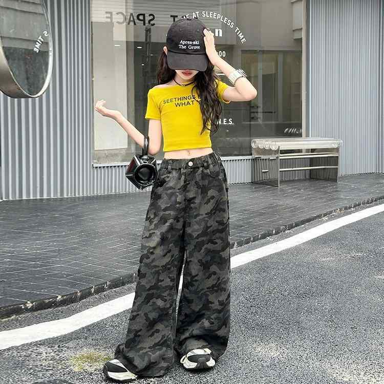 子供服 セットアップ ガールズ 夏服 半袖トップス 迷彩柄ロングパンツ 薄手 韓国風 アシンメトリー かわいい おしゃれ 普段着 部屋着