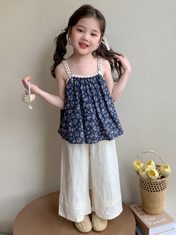 子供服 女の子用 セットアップ 夏物 ノースリーブ 花柄 トップス ワイドパンツ 韓国風 薄手 かわいい ガールズ 上下 2点セット 普段着 おしゃれ
