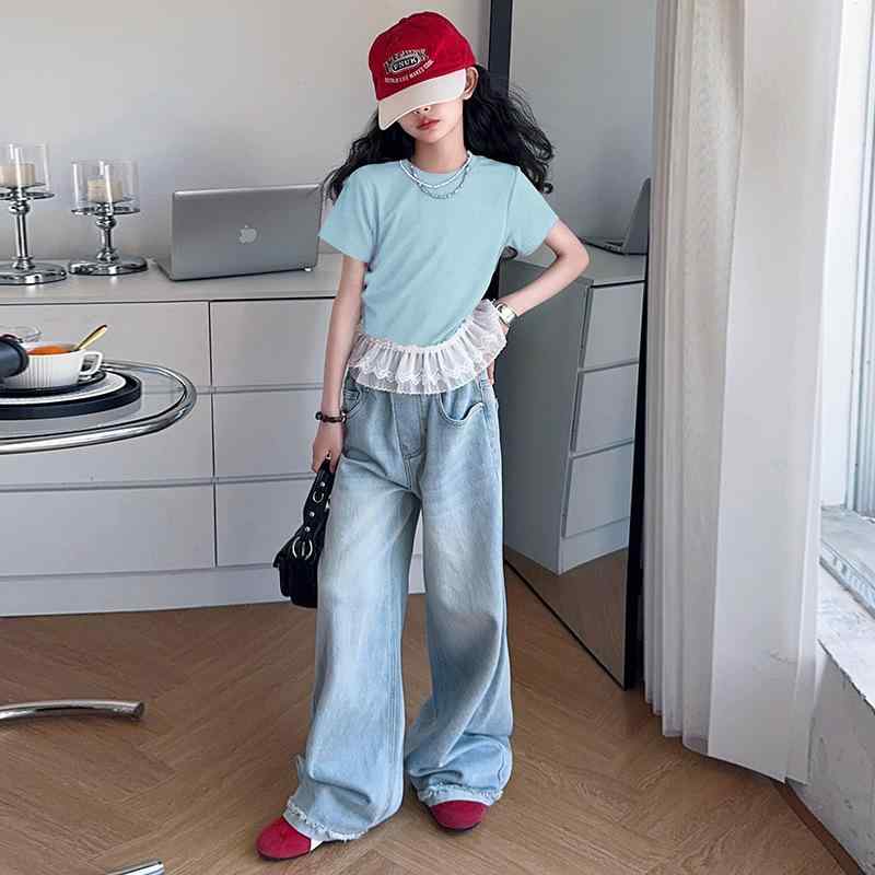 子供服 セットアップ 女の子 夏 半袖 Tシャツ デニム ワイドパンツ 2点 上下セット かわいい おしゃれ ガールズ キッズ ジュニア 薄手 通学 普段着