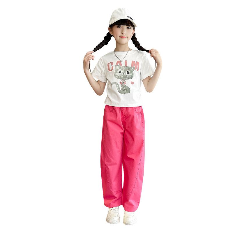 キッズ Tシャツ パンツ セットアップ 女の子 半袖 薄手 カジュアル 長ズボン 上下セット 子供服 かわいい カートゥーン プリント 綿混紡 ホワイト ブラック ピンク系 イエロー