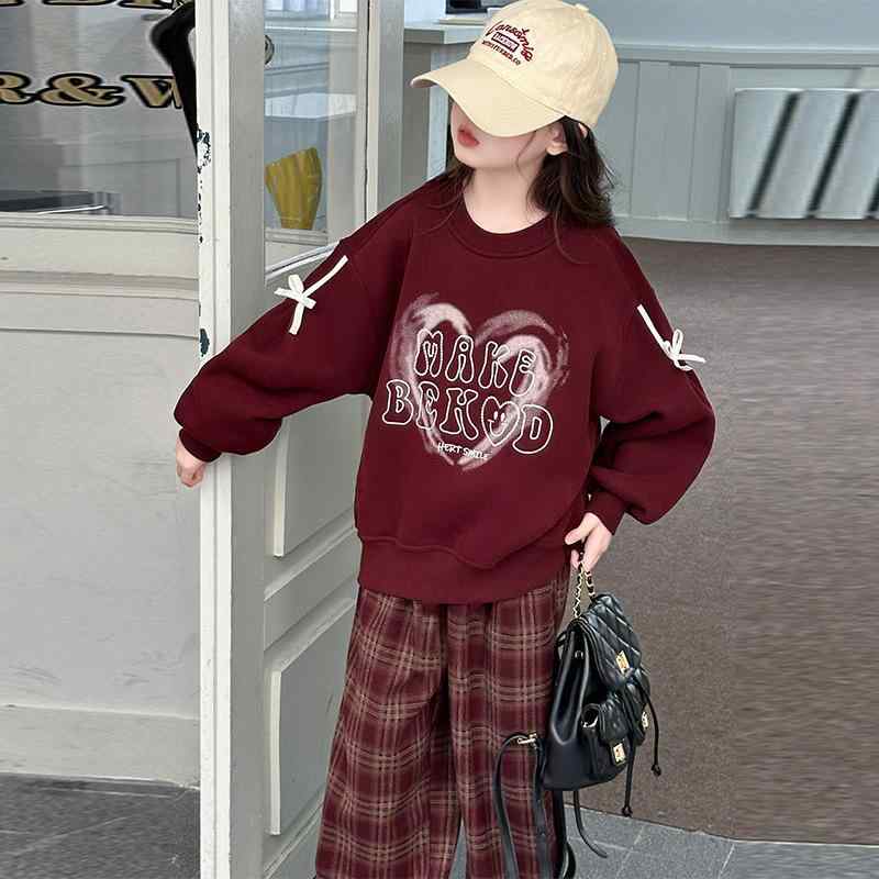子供服 女の子 春秋 スウェット トップス チェック柄パンツ 上下2点セット 普段着 部屋着