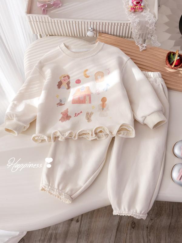 子供服 セットアップ 長袖スウェット & パンツ 上下セット 花柄レース 春秋 普段着 かわいい ガールズ 上下 2点セット
