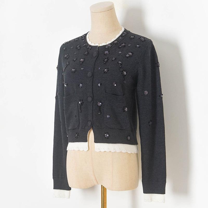 ジレー レディース 編み物ジレー 長袖 S M L 深薄墨色 珠花 撞色襟 編み物 スウェーター トップス カットソー 角袖巡査 フォーマル 執務室 好いたらしいめ 窈窕たる 窈窕たる 高押し出し 秋冬