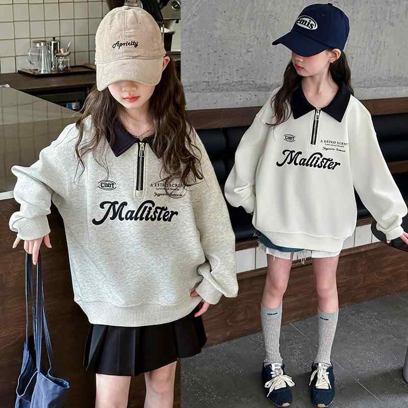 子供用 スウェット トップス 女の子 春秋 長袖 トレーナー 襟付き ミドル丈 ビッグシルエット 綿70％ 普段着 部屋着 オフホワイト グレー 120 130 140 150 160 170