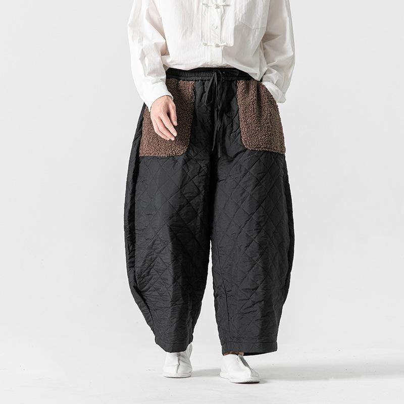 パンツ 男性用 冬用 カジュアルパンツ ルーズ 大きいサイズ 漢服 唐装 中国風 加綿 加絨 コットン ズボン 黒 グレー M L XL 2XL 3XL 4XL 5XL