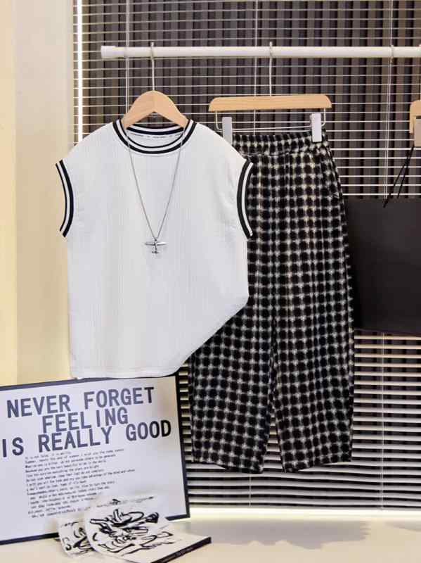 キッズ 男の子 夏用 ノースリーブ セットアップ 接触冷感 防蚊 長ズボン 2点セット 子供服 ボーイズ 上下セット 涼しい 薄手 スポーツ 普段着 部屋着 韓国風 格子柄 ブラック ホワイト カーキ