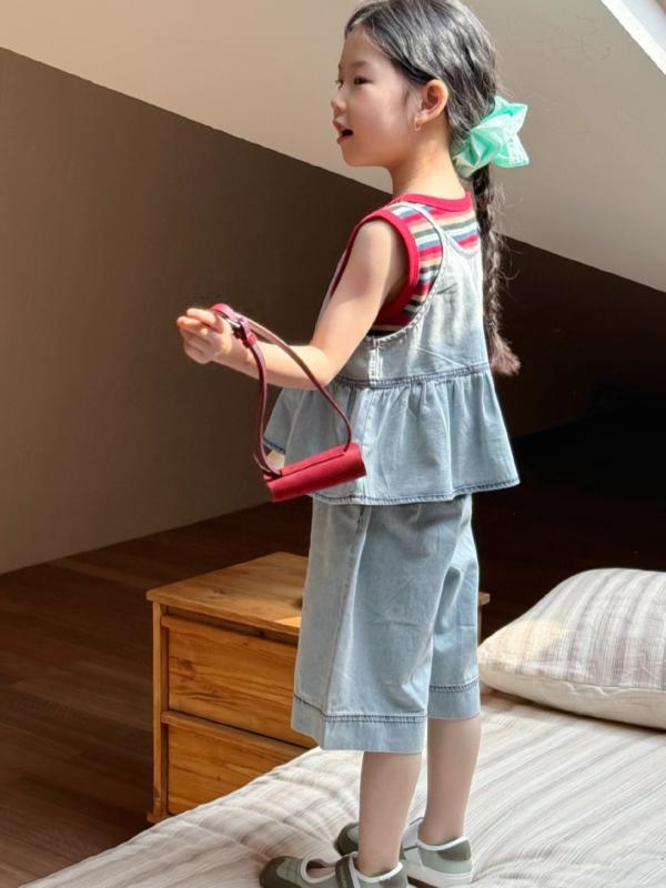女児服 キッズ 女の子 夏用 牛仔 吊り帯 セット トップス 七分丈 パンツ 2点セット 綿素材 柔らかい 酵素洗い 薄手 無袖 純色 潮風 かわいい 普段使い 伸縮性 通気性 軽量 100-140cm