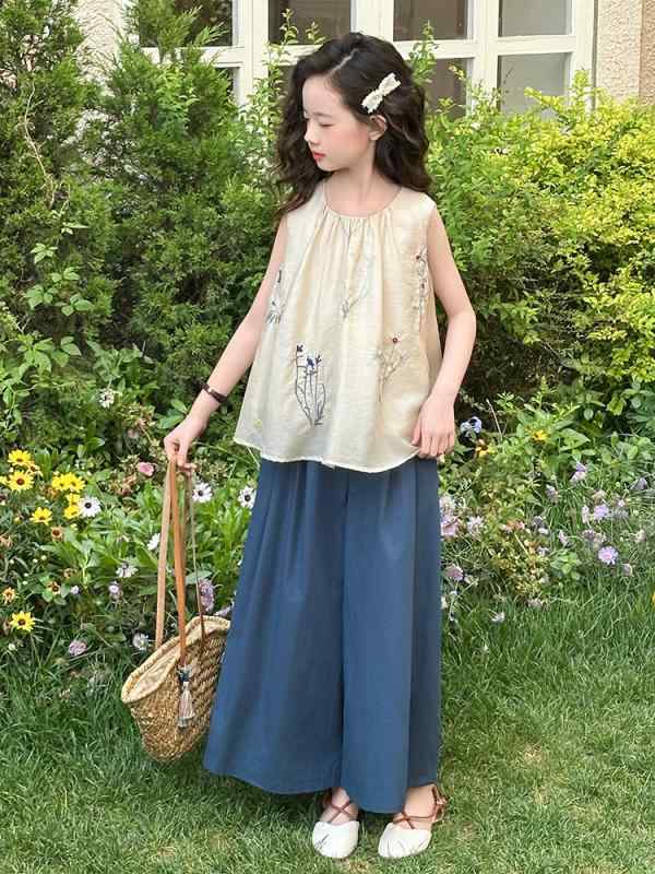 子供服 セットアップ ガールズ 夏物 上下セット ベスト ブラウス ワイドレッグパンツ 2点セット 綿混紡 薄手 かわいい おしゃれ 120cm 130cm 140cm 150cm 160cm 170cm