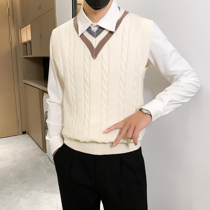 ニット ベスト 男性用 春秋 韓国風 Vネック セーター ケーブル編み ノースリーブ ウール混紡 トップス カジュアル 普段使い 重ね着