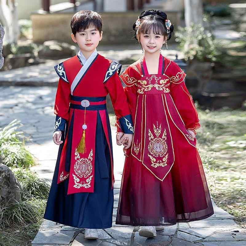 瀬戸ものお召しもの キッズ お子さん 元始的 生まれ変わり衣料繊維 唐装 上演服 100 110 120 130 140 150 160 青 緑 赤いこと系 腰封 頭飾り付け付き添い人 靴-キッズ・ベビー・マタニティ