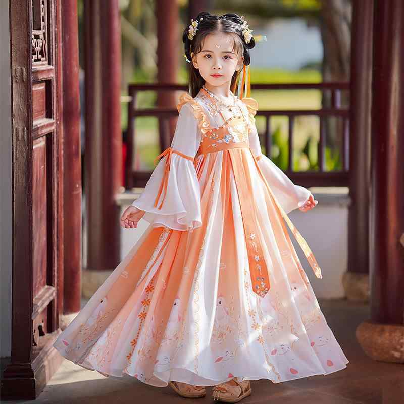 ワンピース 子供 女の子 チャイナドレス 唐装 春秋 春夏 プリンセス 再生繊維 チュール レース 花柄 オレンジ系 レッド系 ピンク系 ブルー系