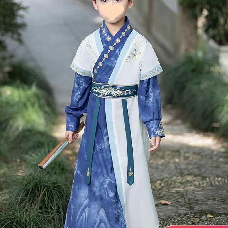 チャイナドレス 子供 男の子 唐装 武侠 衣装 馬面スカート 民族衣装 舞台衣装 ブルー