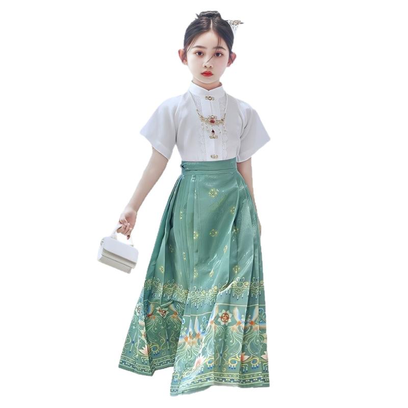 子供用 チャイナドレス セットアップ 春夏 薄手 ガールズ 新中式 馬面スカート 唐装 漢服 妖精 かわいい エレガント ワインレッド グリーン 長袖 半袖 スカート トップス 110 120 130 140 150 160 170