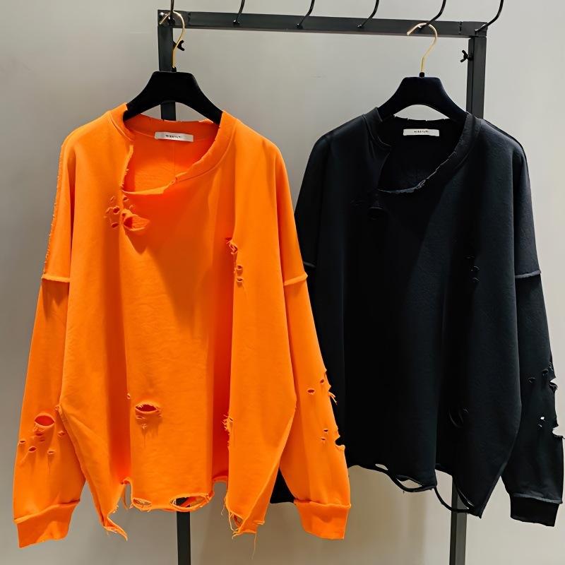パーカー レディース 春秋 韓国風 ゆったり 長袖 Tシャツ オレンジ 赤 カットソー トップス ロンT 破れ加工 ダメージ加工 カジュアル かわいい M L XL