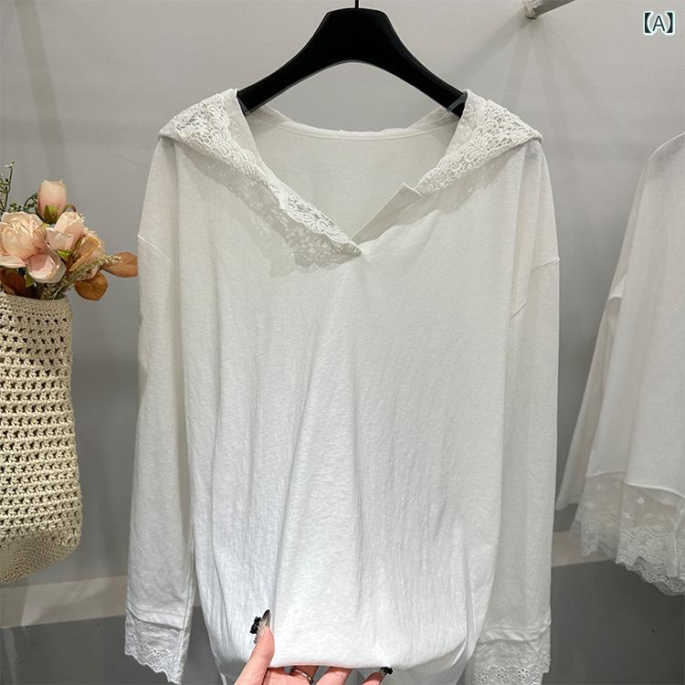 Tシャツ レディース 春物 長袖 レース フード付き 無地 シンプル ゆったり トップス カットソー 白 プルオーバー