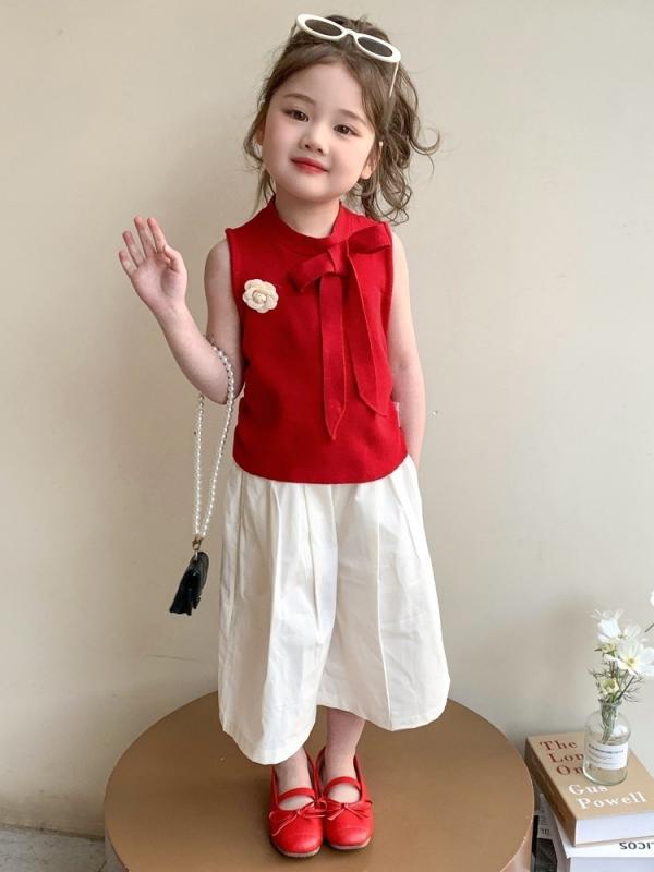 子供服 女の子 セットアップ 夏 ニットベスト パンツ 上下 2点セット バラ柄 かわいい 薄手 半袖 90cm 100cm 110cm 120cm 130cm 140cm