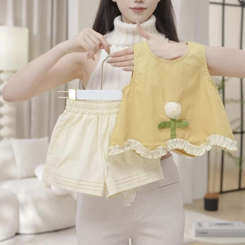 子供服 セットアップ 女の子 夏物 木耳フリル トップス ショートパンツ ひまわり 2点セット 幼児 ベビー 薄手 コットン100% かわいい 普段着 80cm 90cm 100cm 110cm 120cm