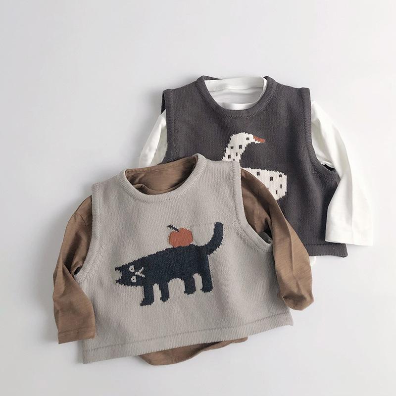 子供服 ベスト 秋冬 子供 韓国風 トップス ノースリーブ Tシャツ 男の子 女の子 ベビー服 かわいい 猫柄 ニット コットン