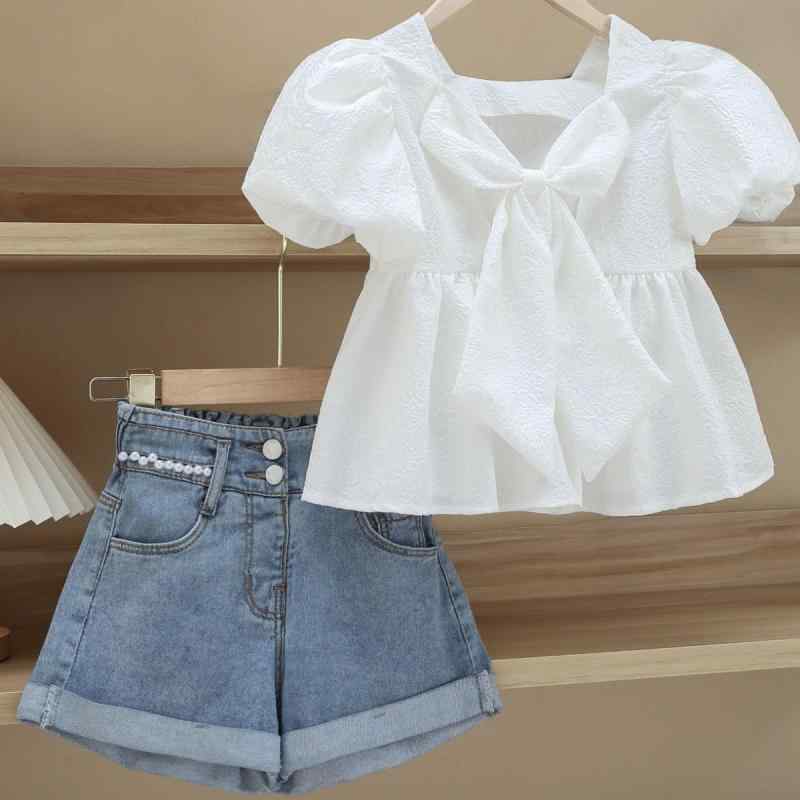 子供用セットアップ シャツ デニムショートパンツ 女の子 かわいい 蝶結び 半袖 薄手 夏服 普段着 おしゃれ