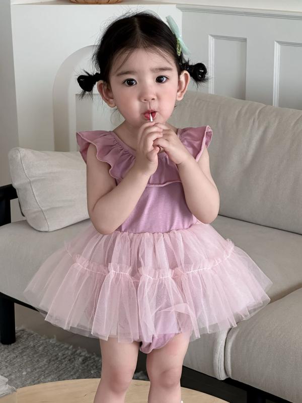 ベビー服 女の子 新生児 セレモニードレス チュールスカート ロンパース 接触冷感 半袖 薄手 夏 韓国風 ピンク系 73cm 80cm 85cm 90cm