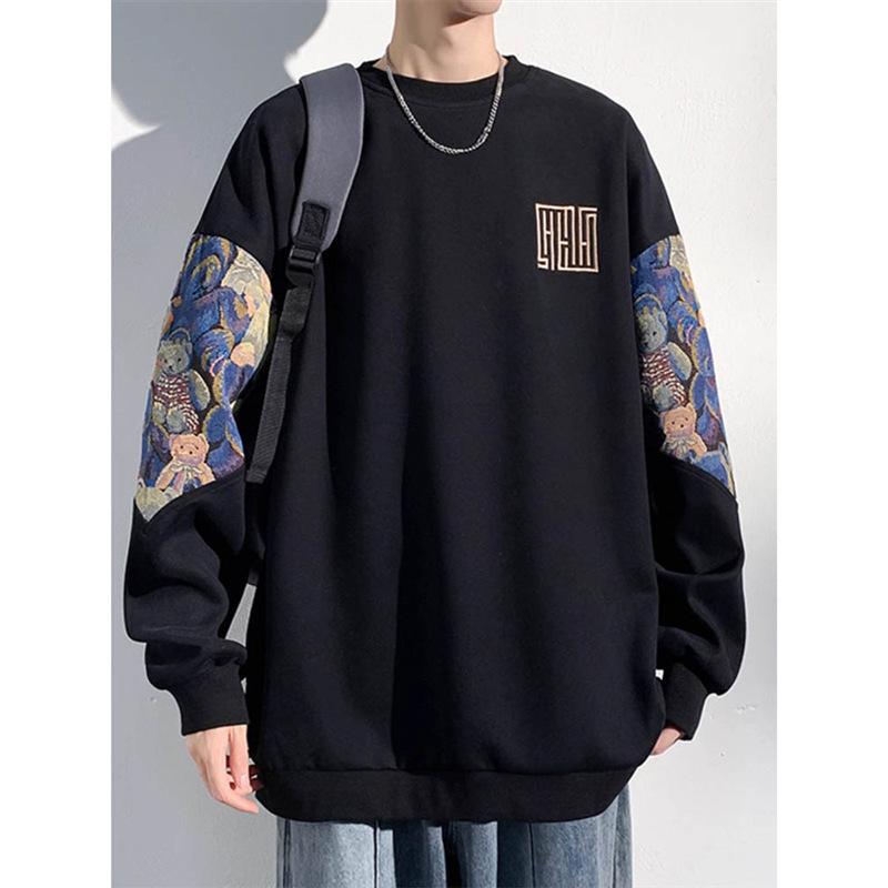 スウェット メンズ 長袖Tシャツ 春秋 冬 アウター プルオーバー 国風 刺繍 ゆったり 薄手 トップス 浅灰色 黒