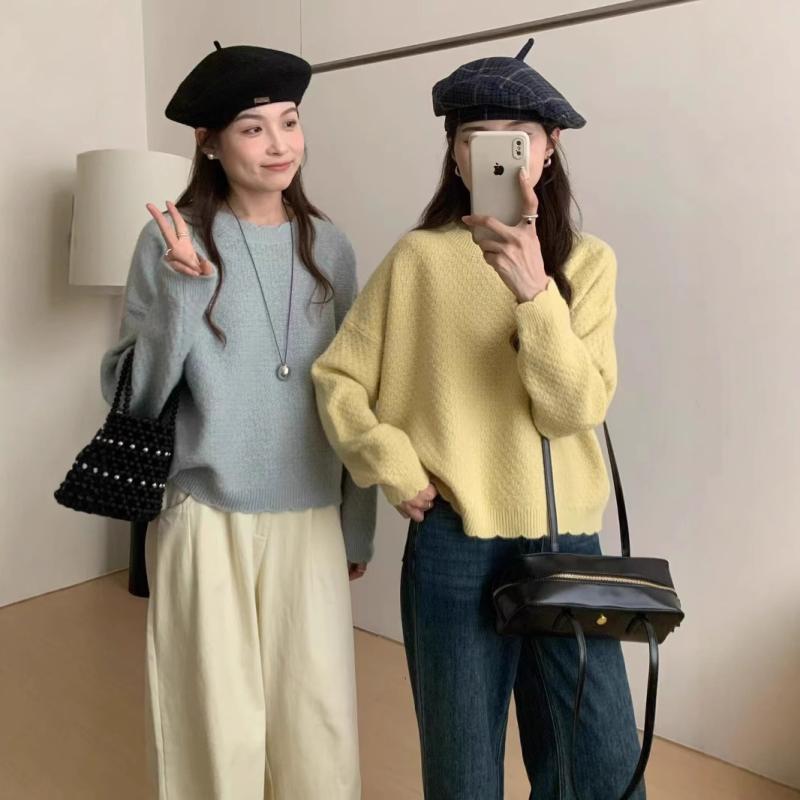 ニット レディース 花柄 レース 襟 長袖 トップス プルオーバー ゆったり かわいい ベージュ カーキ イエロー ピンク 水色 レッド 接触冷感 あったか 秋冬