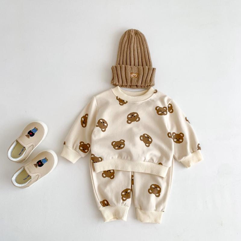 ベビー服 上下セット 春秋 長袖 コットン かわいい クマ柄 トレーナー パンツ 2点セット 赤ちゃん 幼児 男の子 女の子 普段着 部屋着