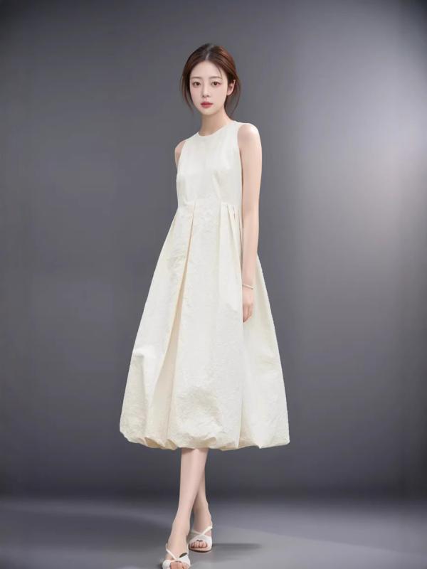 ワンピース レディース 春夏 韓国風 ノースリーブ ランタンスリーブ 高見え ミモレ丈 Aライン チュニック 普段使い