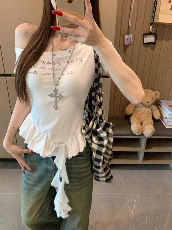 Tシャツ 女性用 夏 短袖 斜肩 ウエストイン スリム トップス コットン 接触冷感 吸湿速乾 印花 荷叶? セットイン シンプル カジュアル 日常使い 軽量 白色 ブラック ショート丈 セクシー