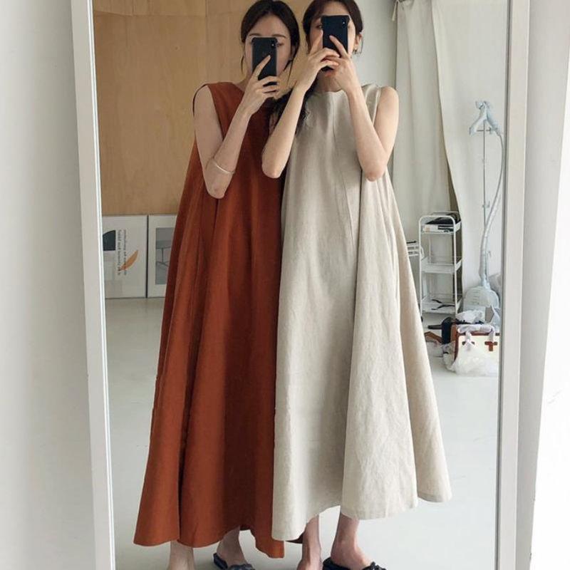 ワンピース レディース 無袖 コットン リネン Aライン ロング丈 春夏 ゆったりサイズ ラウンドネック チュニック 普段使い 部屋着 リラックス 120cm丈 130cm丈 ブラウン系 オフホワイト ブラック ホワイト イエロー オリーブグリーン スモ
