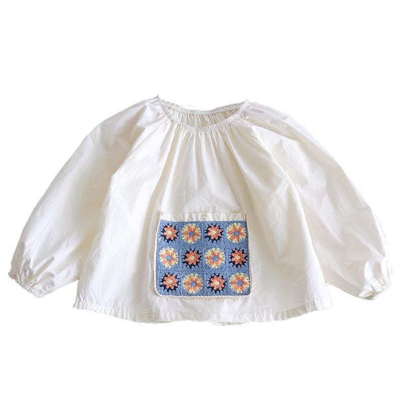 子供服 女の子 シャツ 春秋 長袖 花柄 アップリケ 襟付き ブラウス かわいい ガーリー トップス 80cm 90cm 100cm 110cm 120cm 130cm ピンク系 オフホワイト 綿