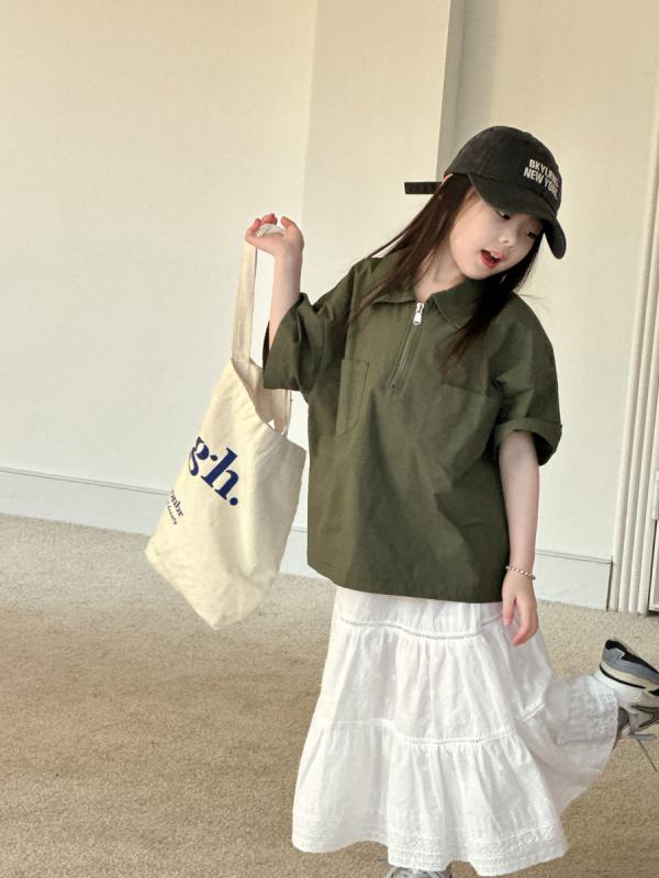 シャツ ガールズ キッズ 子供服 韓国風 ゆったり 文芸 レトロ グリーン 半袖 トップス ミドル丈 ブラウス チェック柄 春秋 かわいい フリル
