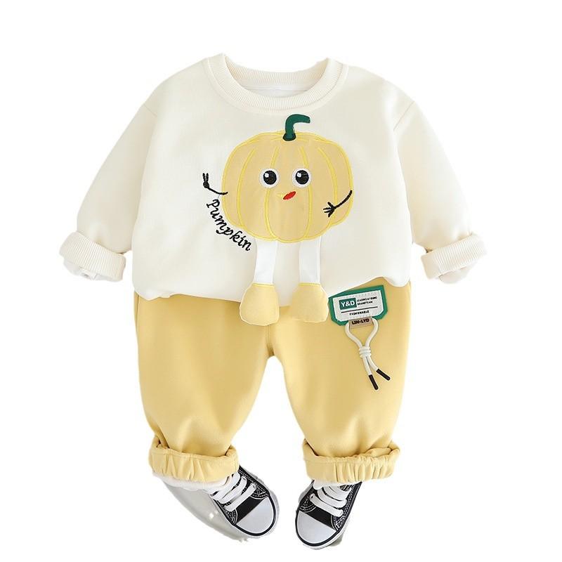キッズ ベビー服 上下セット トレーナー パンツ 2点セット 長袖 丸首 カトゥーン 南瓜モチーフ プリント 春秋 かわいい 男の子 女の子 80 90 100 110 120 綿