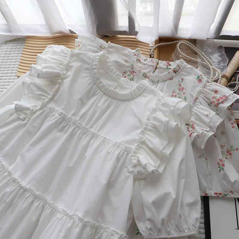 シャツ レディース 半袖 小柄 接触冷感 コットン ポリエステル 花柄 荷葉袖 ラウンドネック 清新 甘め