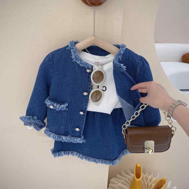 キッズ 女の子用 セットアップ ラウンドネック ジャケット 膝丈スカート 2点セット 春秋 子供服 デニム 綿70% 普段使い