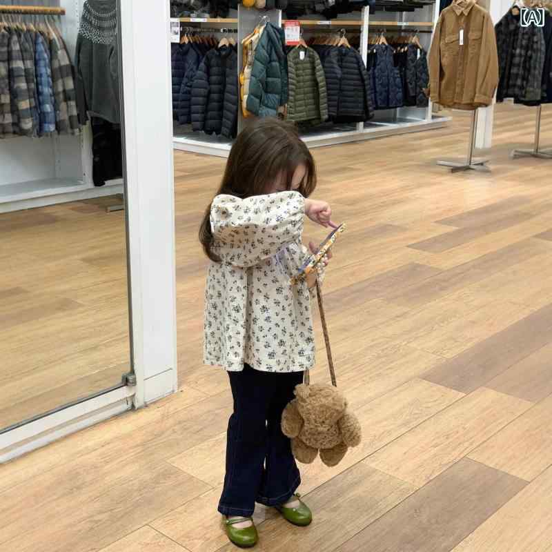子供服 女の子用 シャツ デニムパンツ 上下セット 小花柄 丸襟 チュニック 長袖 ジーパン ベルボトム 春秋
