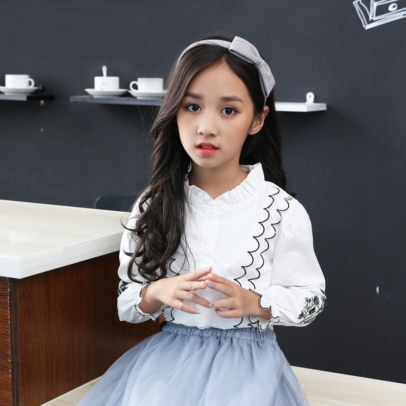 子供服 シャツ 女の子 刺繍 コットン トップス 立襟 長袖 ブラウス 100cm 110cm 120cm 130cm 140cm 150cm かわいい 波型 白 普段使い